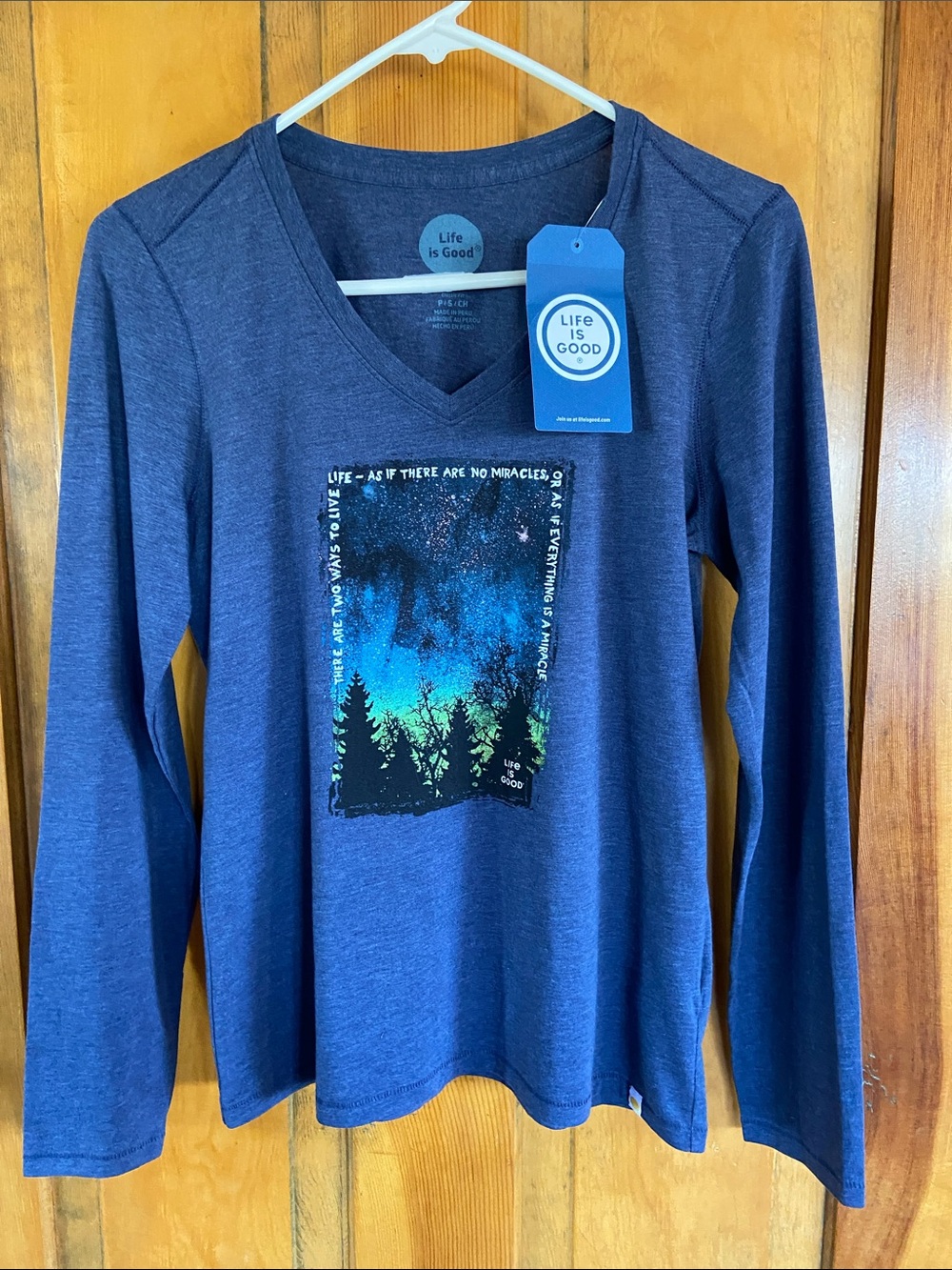 Life Is Good Women's Long Sleeve V-Neck Tee in Navy with Forest Night Graphic